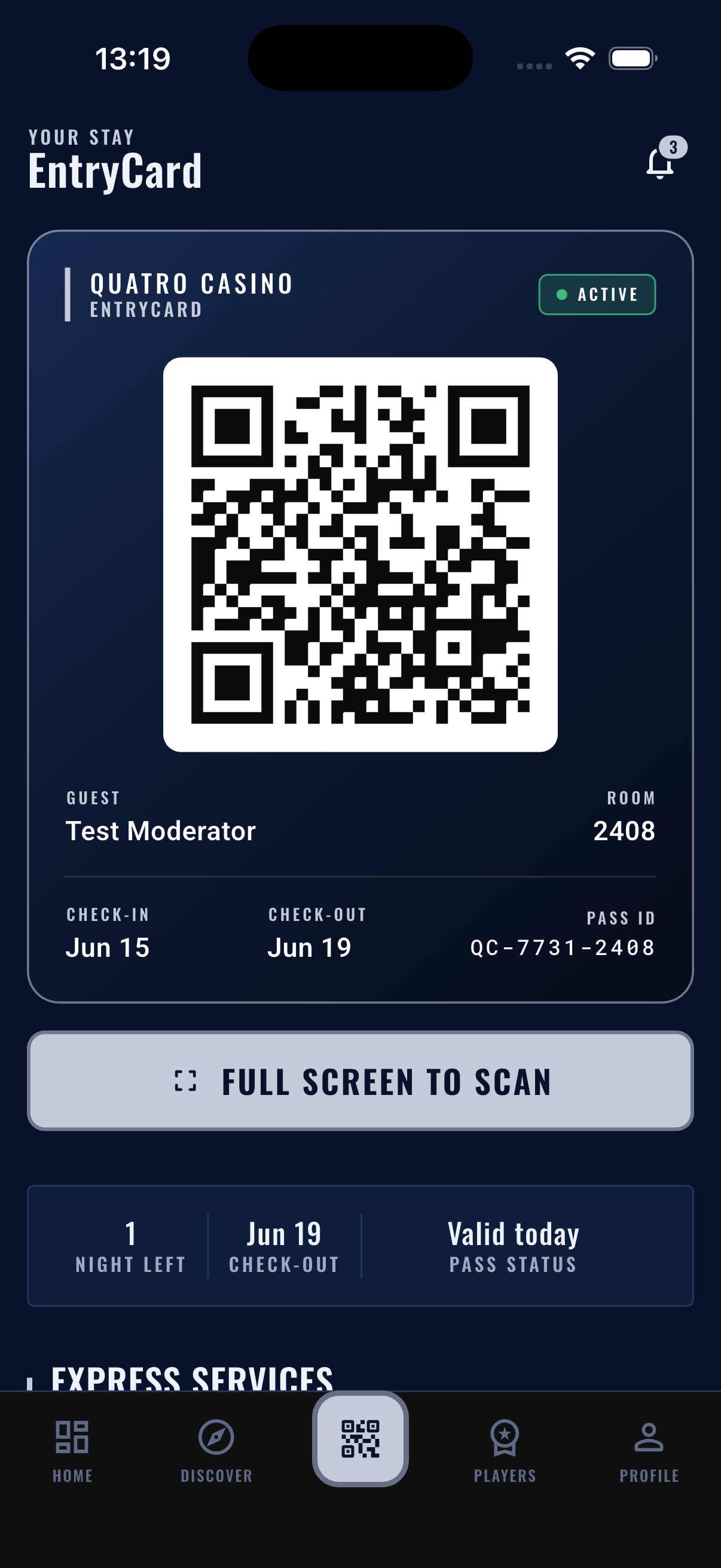 Quatro EntryCard app screen