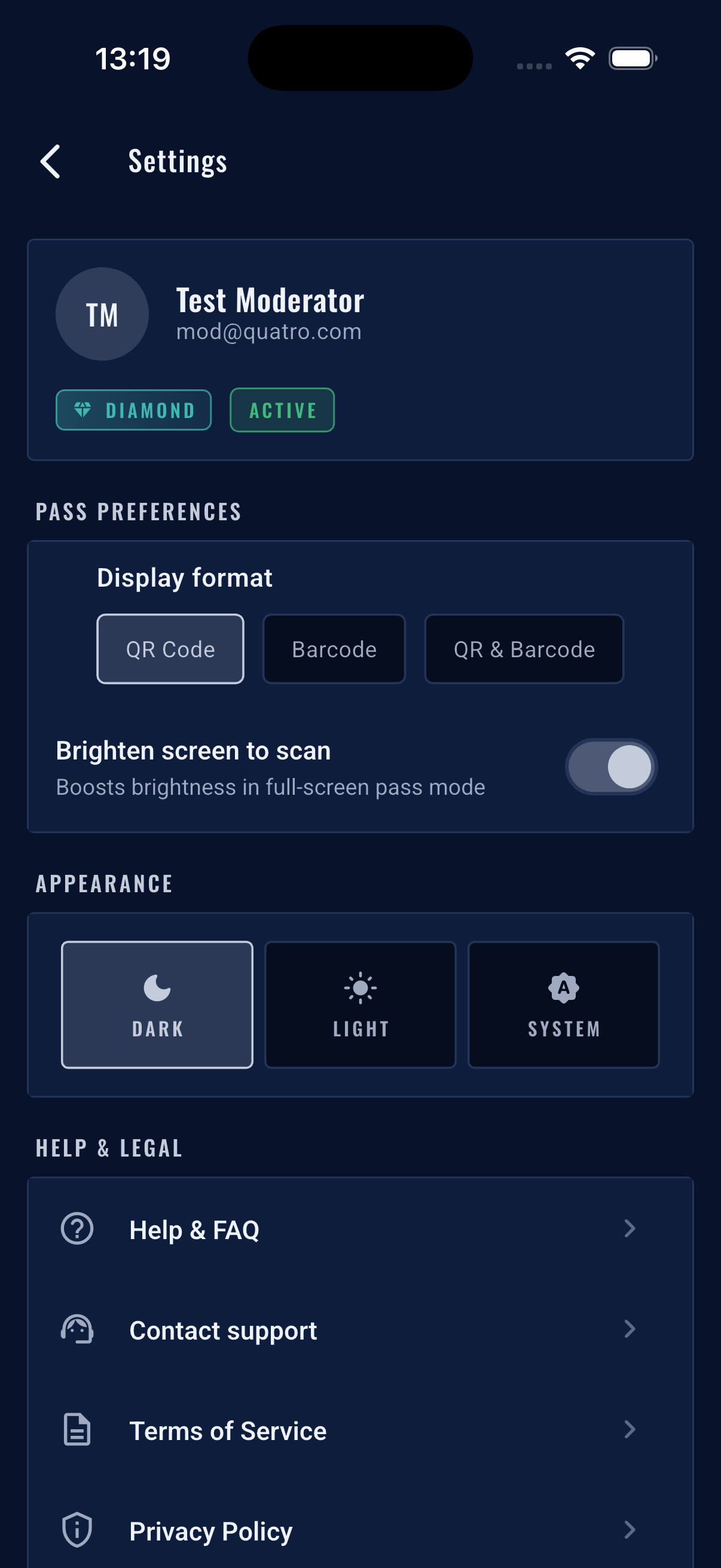 Quatro EntryCard app screen